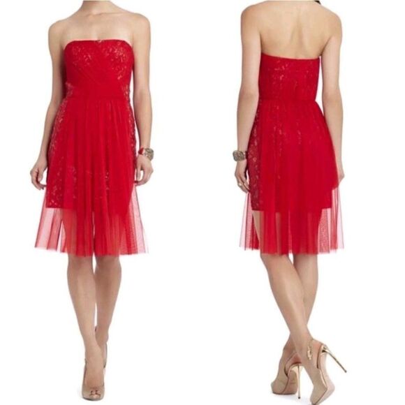 BCBGMaxAzria Dress Vienna Formal Convertible Fit Flare Mini Sequin Netted Red 0 - Picture 1 of 17